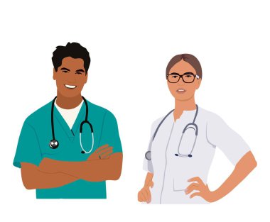 Bir çift gülümseyen genç doktor, hemşire, sağlık görevlisi. Üniformalı önlükler ve steteskoplu beyaz önlüklü kadın ve erkek sağlık görevlileri. Düz vektör çizimi beyaz arkaplanda izole edildi.
