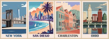 ABD Seyahat Varış Posterleri seti eski tarz. New York, San Diego, Ohio, Charleston dijital baskılar. Yaz tatili, tatil konsepti. Vintage vektör çizimleri.