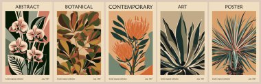 Protea, orkide çiçekleri, okaliptüs, agave, yucca tropikal yapraklı ve canlı modern renklerde retro-esinlenmiş soyut botanik posterler. Çağdaş duvar sanat vektörü şablonu.
