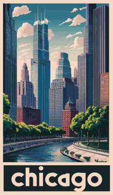 Chicago, Amerika 'nın seyahat merkezi posterleri eski moda. Modern şehir manzarası. vektör illüstrasyonu