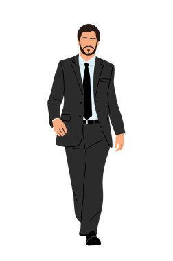 Business man CEO. Office worker, male professional, executive manager in formal attire walking front view. Chief officer, boss. Employee in suit. Flat vector illustration on transparent background