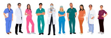 Gülümseyen doktorlar, hemşireler, sağlık görevlileri. Steteskoplu üniformalı farklı erkek ve kadın sıhhiyeciler. Düz çizgi film vektör çizimi şeffaf arkaplanda izole edildi.
