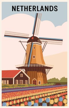 Hollanda Seyahat Varış Yeri Posteri eski tarz. Avrupa yaz tatili, tatil konsepti. Vintage vektör renkli illüstrasyon.