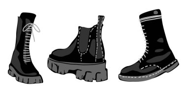 Set of different modern leather boots. Black ink monochrome graphic of vintage, army, hiking, ankle boots. Hand drawn engraved style design. Vector illustration isolated on transparent backgrounds. clipart