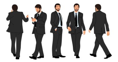 Farklı pozlardaki iş adamı karakteri. Resmi takım elbiseli yakışıklı bir iş adamı ayakta, yürüyor, önde, arkada, yan gözle telefon kullanıyor. Vektör düz çizim seti şeffaf arkaplanda izole edildi.