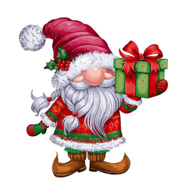 Noel cücesi, elf, Noel Baba kırmızı kurdeleli hediye kutusu. Geleneksel kış tatili karakter çizimi şeffaf arka planda izole edildi. Suluboya Clipart