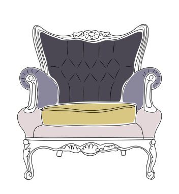 Antika koltuğun el çizimi çizimi. Rococo tarzında klasik sandalye. Retro mobilya iç tasarım elementi. Şeffaf arkaplanda izole edilmiş basit vektör çizgisi çizimi.