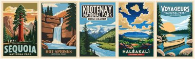 Retro National Park posterleri, Vintage USA seyahat çizimleri. Güzel Amerikan peyzajları olan modaya uygun duvar resimleri. Vektör renkli çizimler.