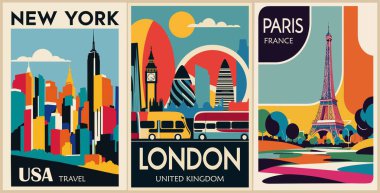 Geçmişin orta çağ modern tarzında Seyahat Varış Posterleri. New York, Londra, Paris şehir manzaraları. Tatil, tatil konsepti. Vintage vektör renkli çizimler. 