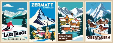 Eski tarz Kayak Seyahat Posterleri seti. Tahoe Gölü, ABD, Obertauern, Avusturya, Zermatt, İsviçre dijital baskıları. Kış tatili, aktif yaşam tarzı. Vintage vektör renkli çizimler.