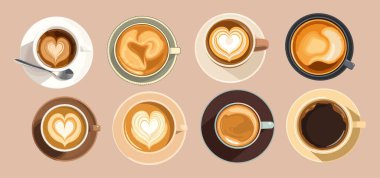 Kahve fincanlarının üst görüntüsü. Cappuccino, espresso, latte, çay tabağı, kaşık ve kalp şeklinde köpüklü Americano kahvesi. Düz vektör renkli çizimlerin koleksiyonu izole edildi.