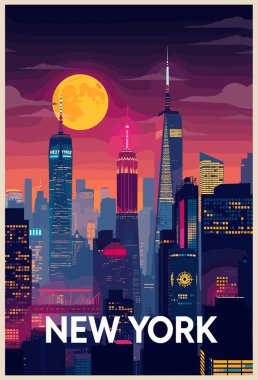New York, ABD Seyahat Varış Yeri Posteri. Gece manzaralı dijital baskı. Yaz tatili, tatil konsepti. Vintage vektör renkli illüstrasyon. 