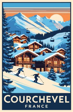 Courchevel, Fransa Kayak Seyahat Posteri. Kış dağları dijital baskı yapıyor. Kış tatili, aktif yaşam tarzı. Vintage vektör renkli illüstrasyon