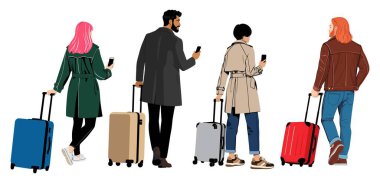 Çeşitli iş adamları gündelik kıyafetleriyle bavulları, telefonları, bavulları ile kalkış için bekliyorlar. İş seyahati kavramı. Düz renkli vektör çizimi beyaz arkaplanda izole edildi