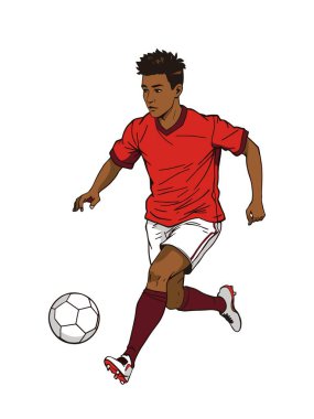 Kırmızı beyaz futbol formalı genç sporcu futbol topunu tekmeliyor. Oyuncu tamamen oyuna bağlı olduğu için enerji ve heyecan kavramı. Vektör çizim biçimi el çizimi resimleme izole edildi