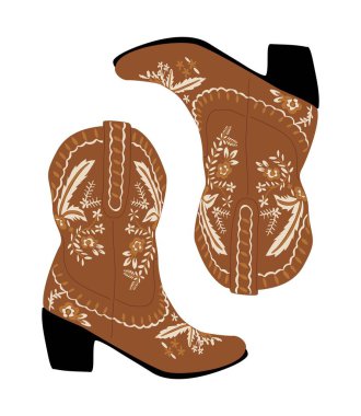 Cowgirl boots. Traditional western cowboy boots decorated with embroidered wild west ornament. Flat vector art illustration isolated on white background. clipart