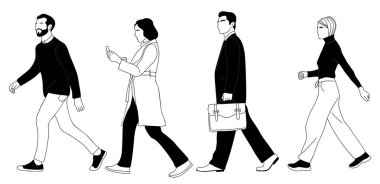 Bir grup iş adamı yan gözle bakıyorlar. Modern erkekler, akıllı rahat giyinen kadınlar, resmi ofis kıyafetleri, telefon, evrak çantası. Beyaz arkaplanda izole edilmiş vektör el çizimi çizimi çizimi