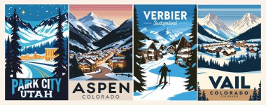 Eski tarz Kayak Seyahat Posterleri seti. Aspen, Park City, Vail, ABD, Verbier, İsviçre dijital baskıları. Kış tatili, aktif yaşam tarzı. Vintage vektör renkli çizimler.