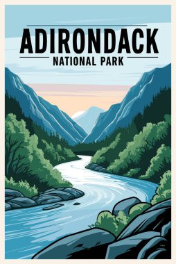 Adirondack Ulusal Parkı ABD retro posteri. Klasik dijital baskı. Güzel Amerikan manzaralı, modaya uygun duvar resimleri. Vektör renkli illüstrasyon.