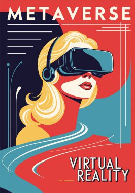 Sanal gerçeklik kulaklığı takan güzel sarışın bir kadının olduğu ters bir retro tarzı poster. Modern renk paletinde vektör düz illüstrasyon