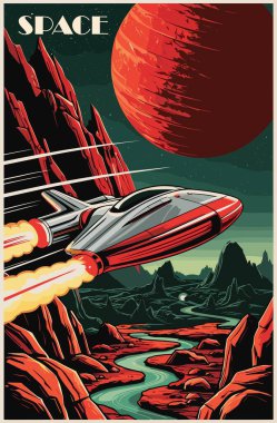 Space retro style futuristic poster. Vintage vector illustration in dramatic red and black colors clipart