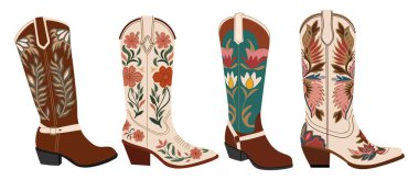 Set of different cowgirl boots. Traditional western cowboy boots decorated with embroidered wild west ornament. Vector illustrations on white background. clipart