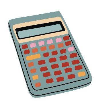 Pembe ve turuncu tuş takımlı renkli bir hesap makinesi. Hesap makinesi beyaz arkaplanda. Hesap makinesi eğlenceli ve eğlenceli olmak için tasarlanmıştır, parlak renkler ve tuhaf bir görünüme sahiptir.