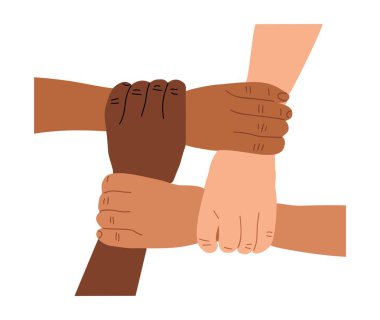 Multiracial holding hands together for support, trust and solidarity. Cooperation concept. People in mutual connection, unity, linking arms. Flat vector illustration isolated on white background clipart