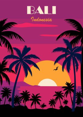 Bali, Endonezya seyahat posterinin arka planında palmiye ağacı siluetleri ve günbatımı var. Renkli düz vektör illüstrasyonu.