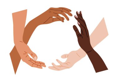 Multiracial diverse hands together in circle for support, trust and solidarity. Cooperation concept. Flat vector illustration isolated on white background  clipart