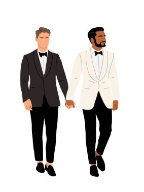 Eşcinsel çift düğünü. Smokin giymiş homoseksüel ırklar arası yeni evliler. Farklı ırktan LGBTQ erkek ortakları. Eşcinsel insanlarla mutlu evlilikler. Düz vektör çizimi beyaz arkaplanda izole edildi 