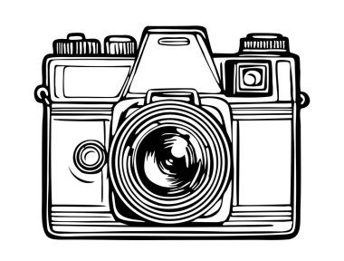 Retro vintage fotoğraf makinesi el çizimi simge, logo, sembol. Beyaz arkaplanda izole edilmiş eskiz biçimi siyah vektör çizimi