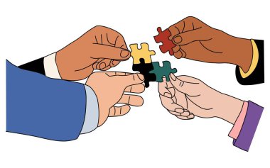 Farklı iş adamlarının elleri yapboz parçalarını tutuyor. Takım çalışması, iş birliği konsepti. El çizimi renkli çizim vektör çizimi beyaz arkaplanda izole edildi.