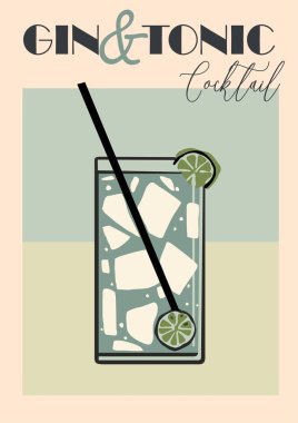 Cin ve tonik kokteyl retro posteri, uzun bardakta buz küpleri ve limon tekeriyle dolu. Renkli düz vektör illüstrasyonu