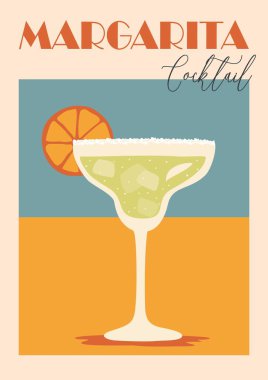 Margarita Cocktail posterinin içinde turuncu tekerlekle süslenmiş alkollü içki bardağı var. Renkli düz vektör illüstrasyonu