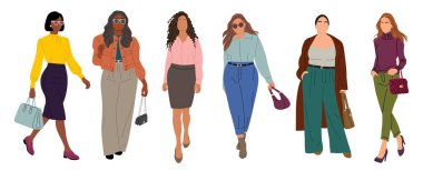 Çeşitli iş kadınları modern moda ofis kıyafetleri içinde sokakta yürüyorlar. El çantaları taşıyorlar ve farklı türde ayakkabılar giyiyorlar. Düz vektör çizimi izole edildi