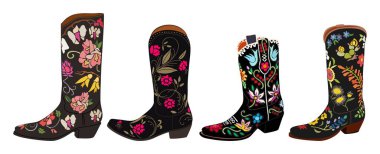 Çiçek nakışlı Kovboy Çizmeleri. Retro Country Rodeo Style 'da klasik Batı Deri Çizmeleri. Kırsal Estetik İçin Boho Chic Ayakkabıları, Festival Kıyafetleri ve Moda Bağımsızlığı