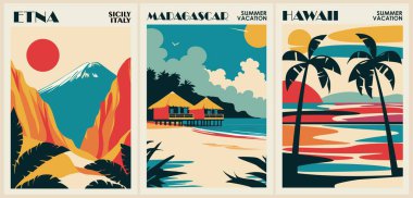 Minimalist retro seyahat posterleri modern yüzyılın ortalarında asılmış. Sicilya Etna, Madagaskar tropikal barakaları ve Hawaii gün batımı plajları. Dekor, parmak izi ve gezgin aşıklar için mükemmel..