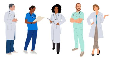 Doktorlar, hemşireler, sağlık görevlileri. Üniformalı önlükler ve laboratuvar önlükleri içinde steteskoplu farklı erkek ve kadın sıhhiyeciler. Beyaz arkaplanda izole edilmiş vektör çizimleri