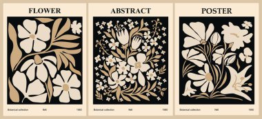 Set of abstract flower market posters. Trendy botanical wall arts with floral design in monochrome black and beige color palette. Modern naive groovy interior decorations, paintings. Vector art.