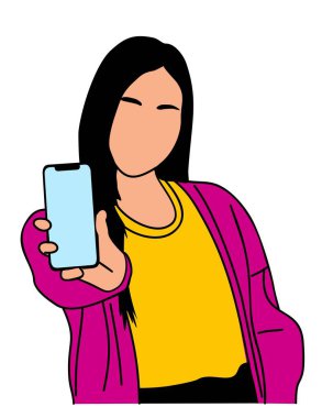 Boş telefon ekranı vektörü gösteren genç bir kadın. Renkli çizim çizimi izole edilmiş.