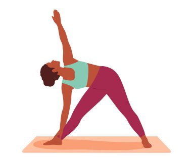 Matta üzerinde yoga yapan genç bir kadın. Üçgen pozisyonunda duran sportif kız ya da vücudunu esneten trikonasana pozisyonu. Beyaz arkaplanda izole edilmiş renkli düz vektör çizimi