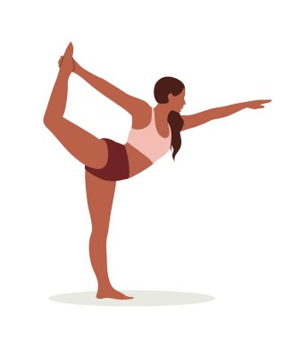 Yoga egzersizi yapan genç bir kadın beyaz arka planda yalnız dans ediyor. Yogini kızı Natarajasana 'ya dansçıların kralı pozu veriyor. Esnek vücutlu kadın karakter