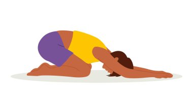Güzel kız Prasarita Balasana çalışıyor. Childs Poose yoga egzersizi yapan çekici genç bir kadın. Egzersiz, esneme, sağlıklı aktivite. Vektör renkli düz resimleme izole edildi 