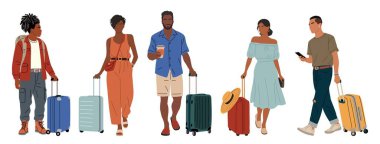Bavulu olan çeşitli modern gezginlerin düz el çizimi vektör çizimi. Bavullarıyla gezen şık erkek ve kadınlar, tatile ya da havaalanına gitmeye hazırlar. Beyazda izole edilmiş