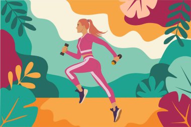 Spor kıyafetleri içinde, ağaçlar ve bitkilerle parkta koşu yapan genç bir kadının düz vektör çizimi. Dinamik hareket ve doğa arka planına sahip modern canlı tasarım..