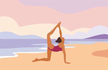 Plajda yoga yapan mayolu genç bir kadının düz vektör çizimi. Pastel renklerle şekillendirilmiş kumlu deniz arka planı. Sakin yaz ve sağIık titreşimleri.