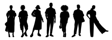Yazlık giysiler içinde şık bir grup insan. Modaya uygun erkek ve kadınların el yapımı düz vektör siluetleri. Beyaz arka planda minimal modern siyah moda tasarımı
