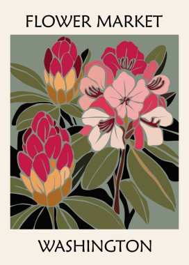 Washington Rhododendron 'un ABD çiçekli retro çiçek pazarı posterinin düz elle çizilmiş hali. Klasik botanik duvar sanatı 