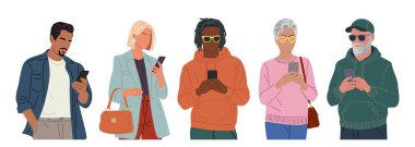 Bir grup farklı insan cep telefonu kullanıyor. Beyaz arkaplanda izole edilmiş renkli düz vektör çizimleri